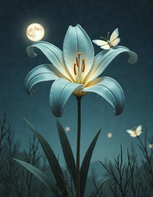The primary subject of the image is a large, blue lily flower with a yellow center, sitting in a field. The setting is a nighttime scene with a moon in the background, creating a serene and peaceful atmosphere. The visual style is a digital art or illustration, showcasing the beauty of the flower and its surroundings. The dominant colors are blue, yellow, and white, with the lily flower being the main focus of the image.
